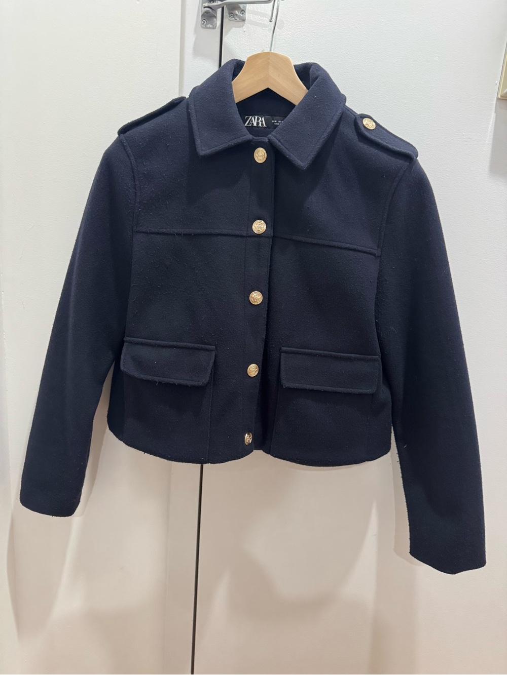 ZARA Navy Wool-Blend Military Pea Coat with Gold Buttons - Picture 3 of 3